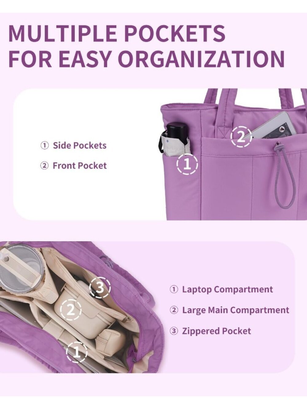 Women 09-purple Tote Bag with Cup Holder Laptop Sleeve Travel Work Bag - Picture 6 of 6